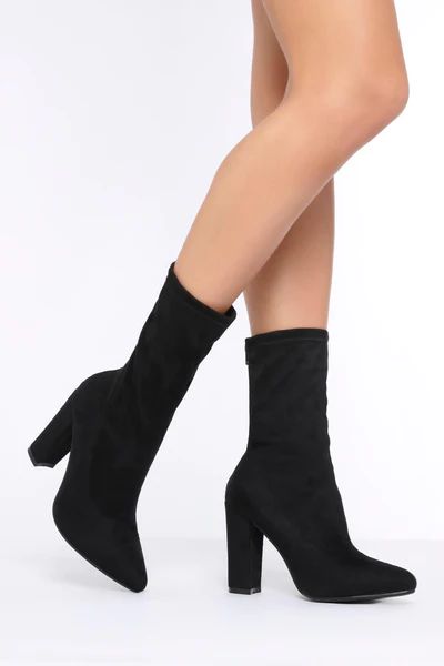 Black Suede Zip Back Sock Boots With Block Heel | ISAWITFIRST UK