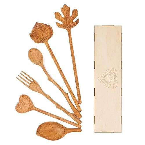 JABIHOME Natural Wooden Spoons and Forks Set of 6, Salad Tongs for Serving, Cooking Kitchen Utens... | Amazon (US)