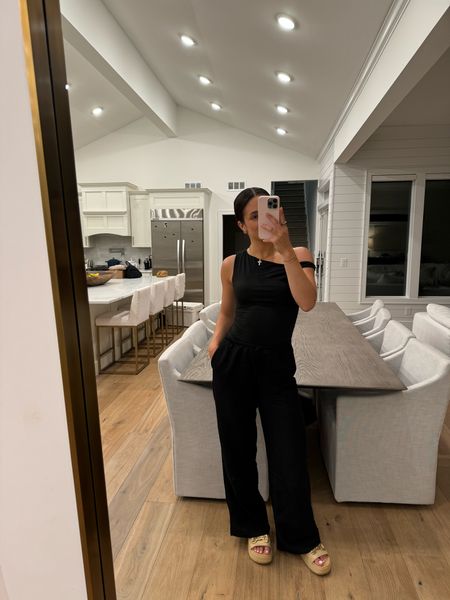 Summer outfit but make it all black 🥲🫶🏼 im obsessed with black linen pants that actually fall full length on my 5ft 7 self 🫶🏼
Size small in both 

#LTKFindsUnder50 #LTKTravel #LTKStyleTip