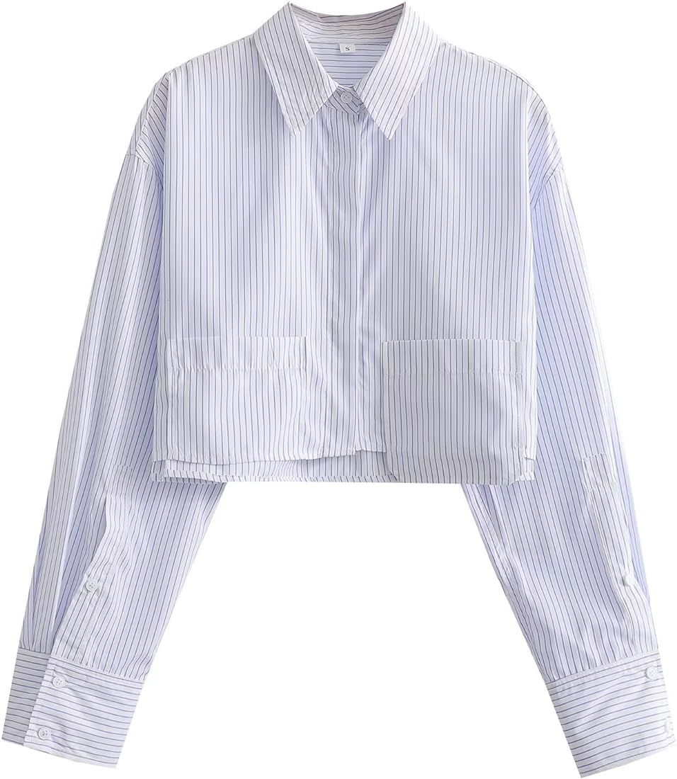 Yuiseaik Pinstripe Button Down Shirts for Women Cropped Long Sleeve Summer Casual Blouse Work Top | Amazon (US)