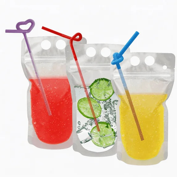 100 Pcs Drink Pouches with Straws - Freezable Reclosable Zipper Bags for Juice, Coffee & Cocktail... | Walmart (US)