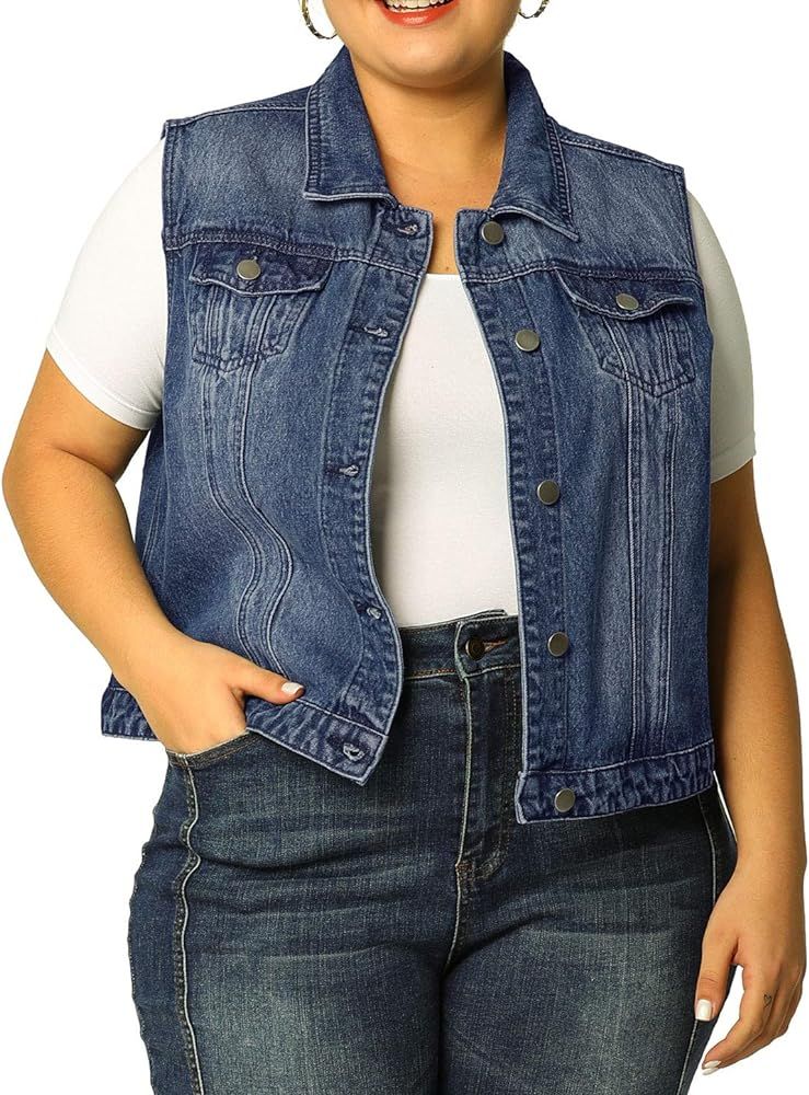 uxcell Women's Plus Size Buttons Denim Vest with Two Chest Flap Pockets Jackets 2023 | Amazon (US)