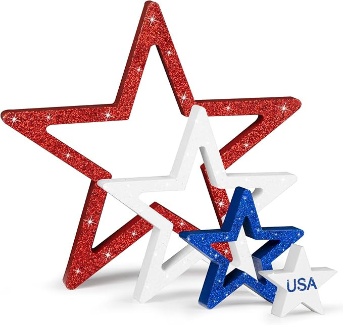 4th of July Table Decorations Wooden Star Sign, Patriotic Tiered Tray Decor Memorial Day Independ... | Amazon (US)