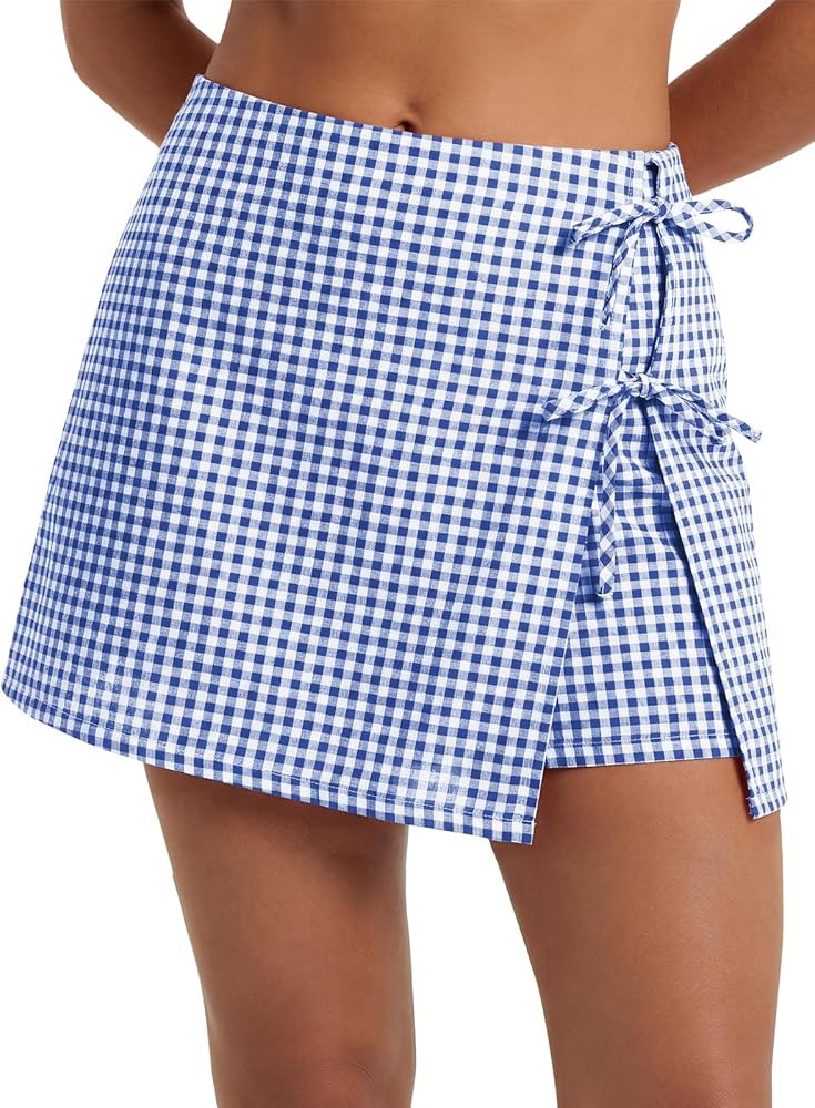 EXLURA Womens High Waisted Gingham Skort A-Line Wrap Mini Skirt with Shorts Side Tie Cotton Plaid... | Amazon (US)