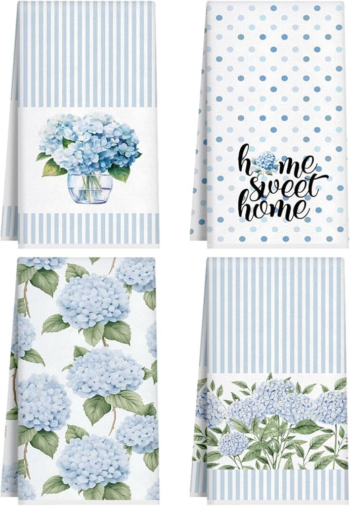 4 Pack Blue Hydrangea Kitchen Hand Towels Farmhouse Blue Hydrangea Decor, 18x26 Inch Summer Flowe... | Amazon (US)