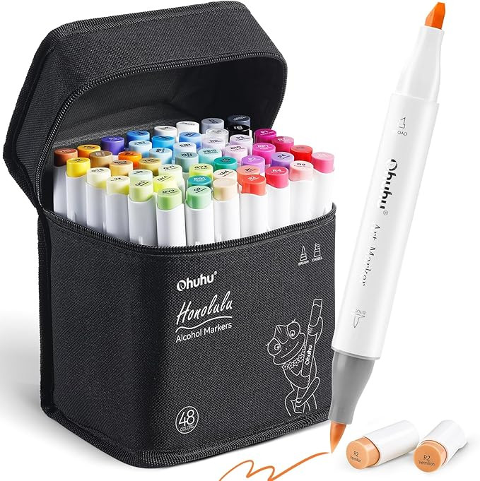 Ohuhu Alcohol Markers Brush Tip: 48-Color Double Tipped Art Marker Set for Artist Adults Coloring... | Amazon (US)