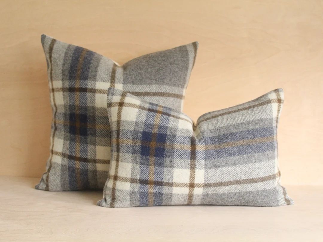 Raleigh Plaid Pillow Cover Blue and Gray Plaid Wool Pillow - Etsy | Etsy (US)