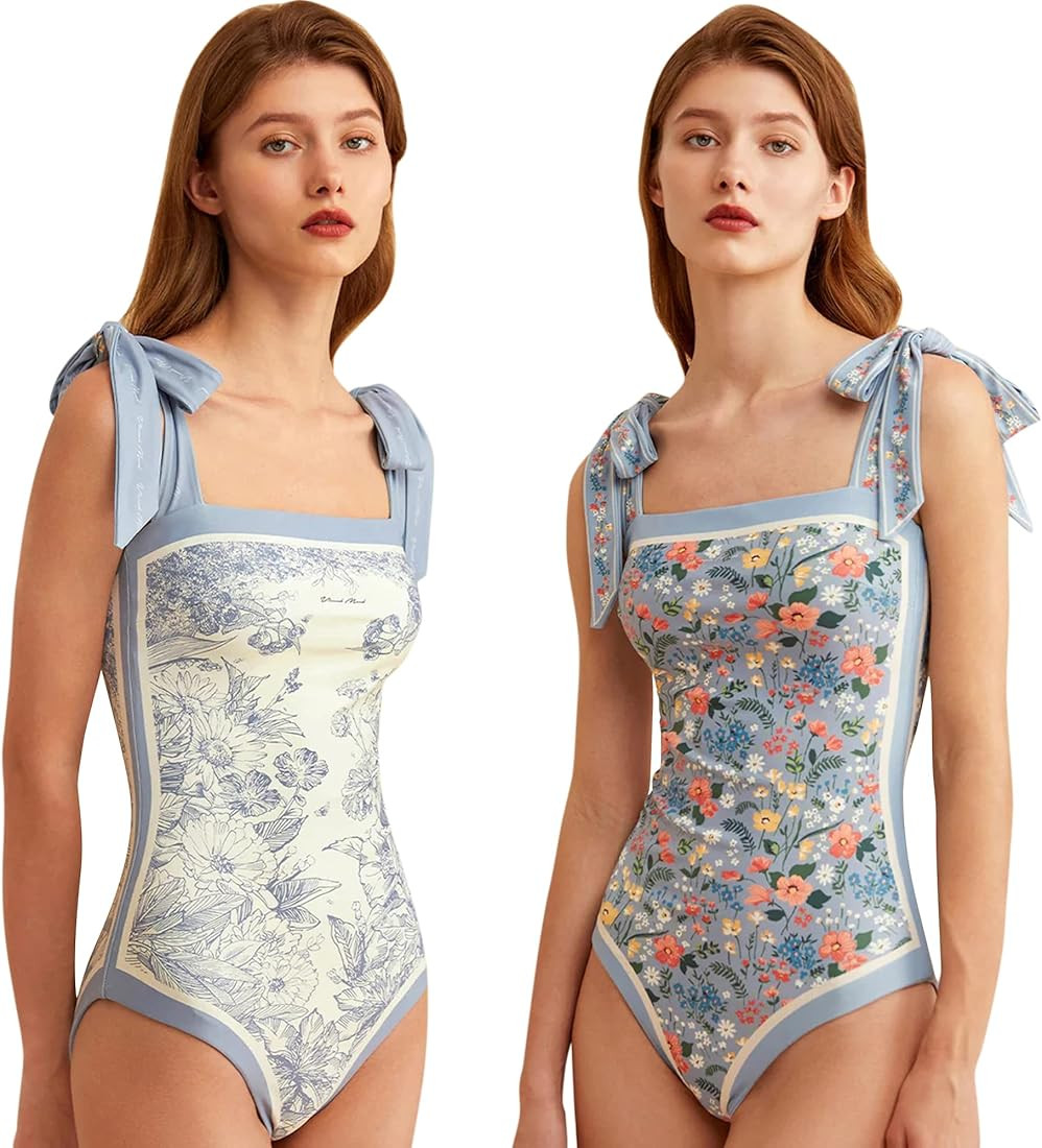 Women Double-Sided Floral One Piece Swimsuits Reversible Tie Shoulder Monokini Tummy Control Bath... | Amazon (US)