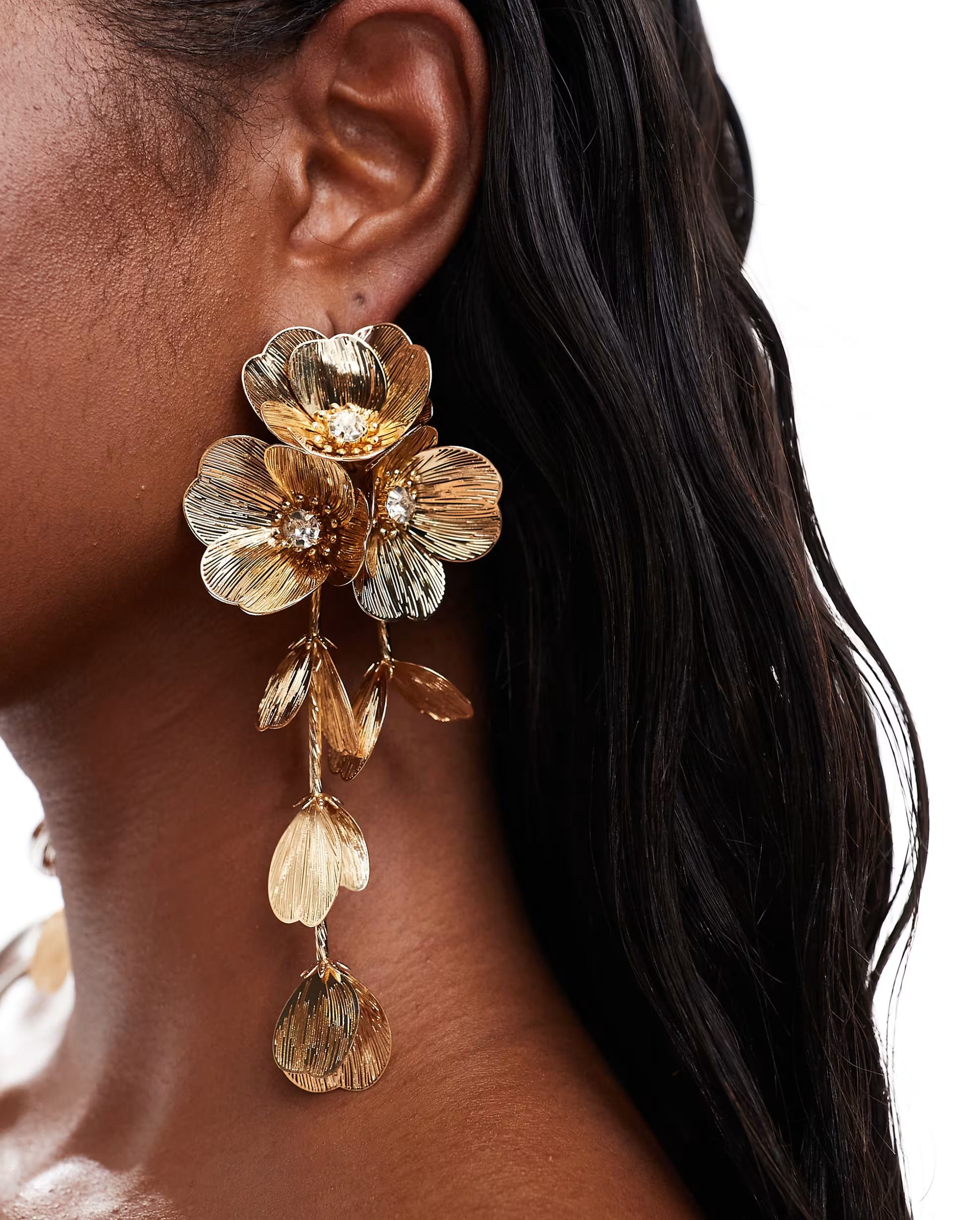 ASOS DESIGN drop earrings with 3D floral design in gold tone | ASOS (Global)