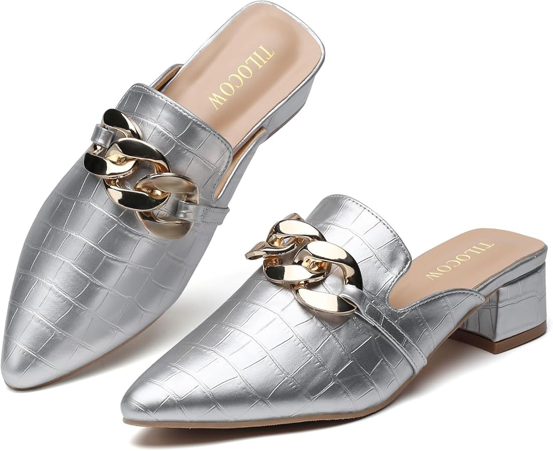 Tilocow Metal Chain Decor Mules Heels for Women Chunky Heeled Sandals Slip on Closed Toe Slides f... | Amazon (US)