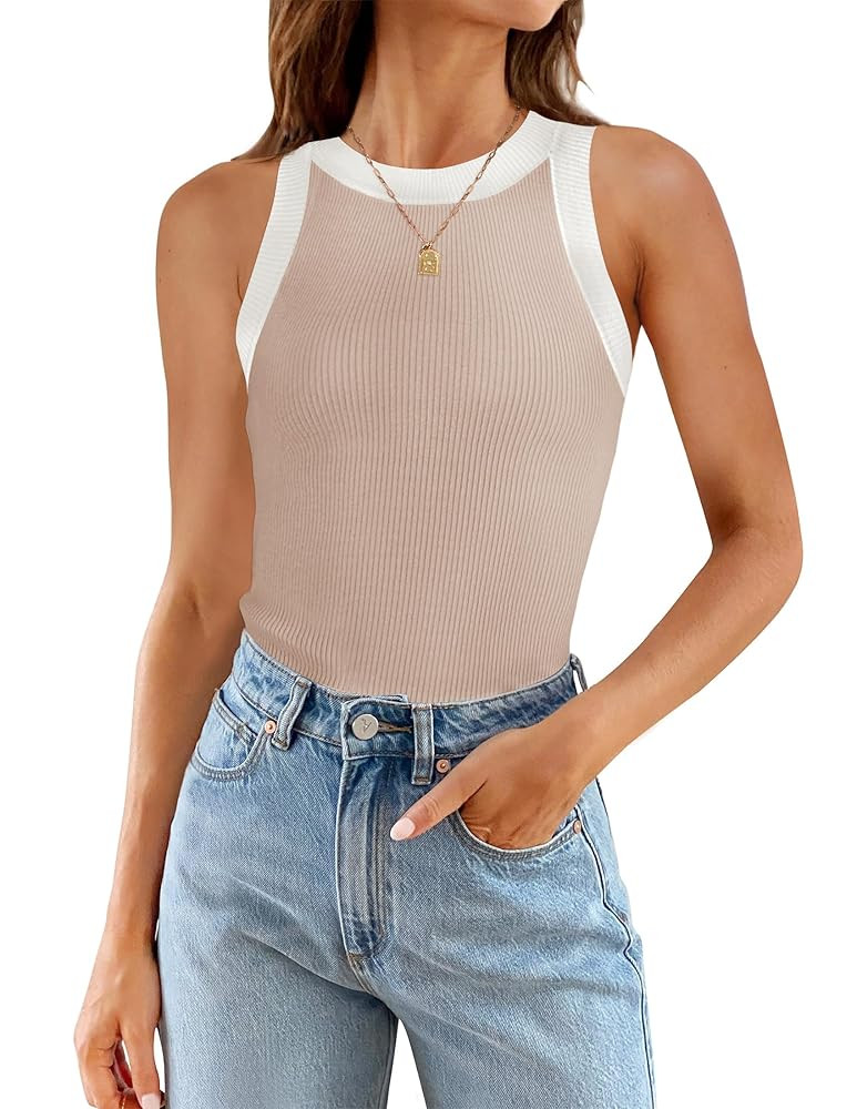 ZESICA Womens Summer Sleeveless Tank Tops Ribbed High Neck Racerback Slim Fitted Color Block Casu... | Amazon (US)