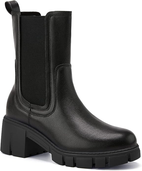 TINSTREE Women's Lug Sole Platform Boots Mid Calf Elastic Chunky Block Heel Leather Chelsea Booti... | Amazon (US)