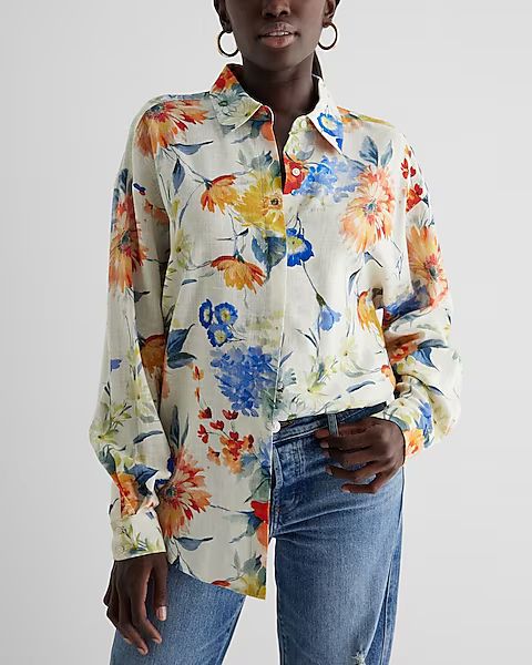 Linen-Blend Floral Boyfriend Portofino Shirt | Express