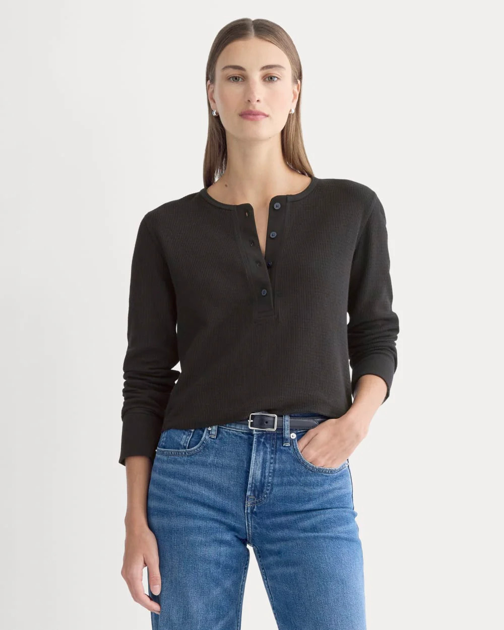 Boxy Henley in Cozy Waffle by Everlane in Black, Size L | Everlane