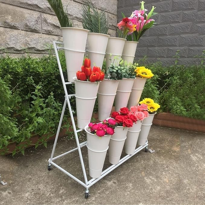 Flower Display Stand with 12pcs Plastic Buckets Iron Plant Stand with 4 Universal Wheel, 3-layers... | Amazon (US)