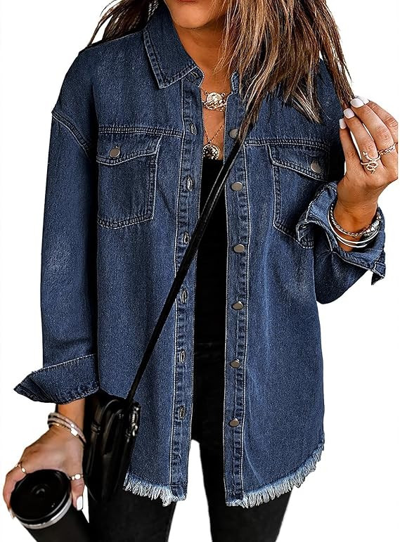 Vetinee Women’s Oversized Button Up Frayed Hem Shacket Long Sleeve Pockets Denim Jean Jacket | Amazon (US)