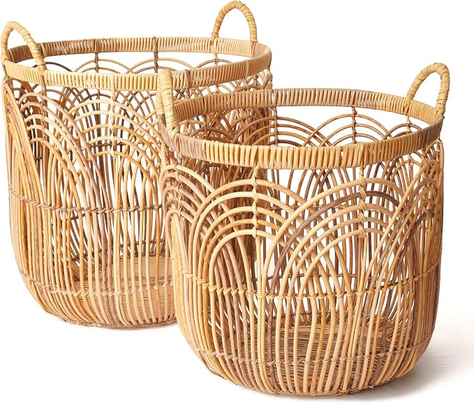 LA JOLIE MUSE Hand Woven Laundry Basket Set of 2, Boho Wicker Baskets Hamper with Handle, Chic De... | Amazon (US)