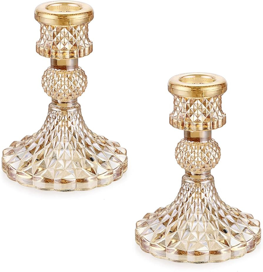 OwnMy Set of 2 Gold Glass Taper Candle Holders Decorative Glass Candlestick Holders, Modern Cryst... | Amazon (US)