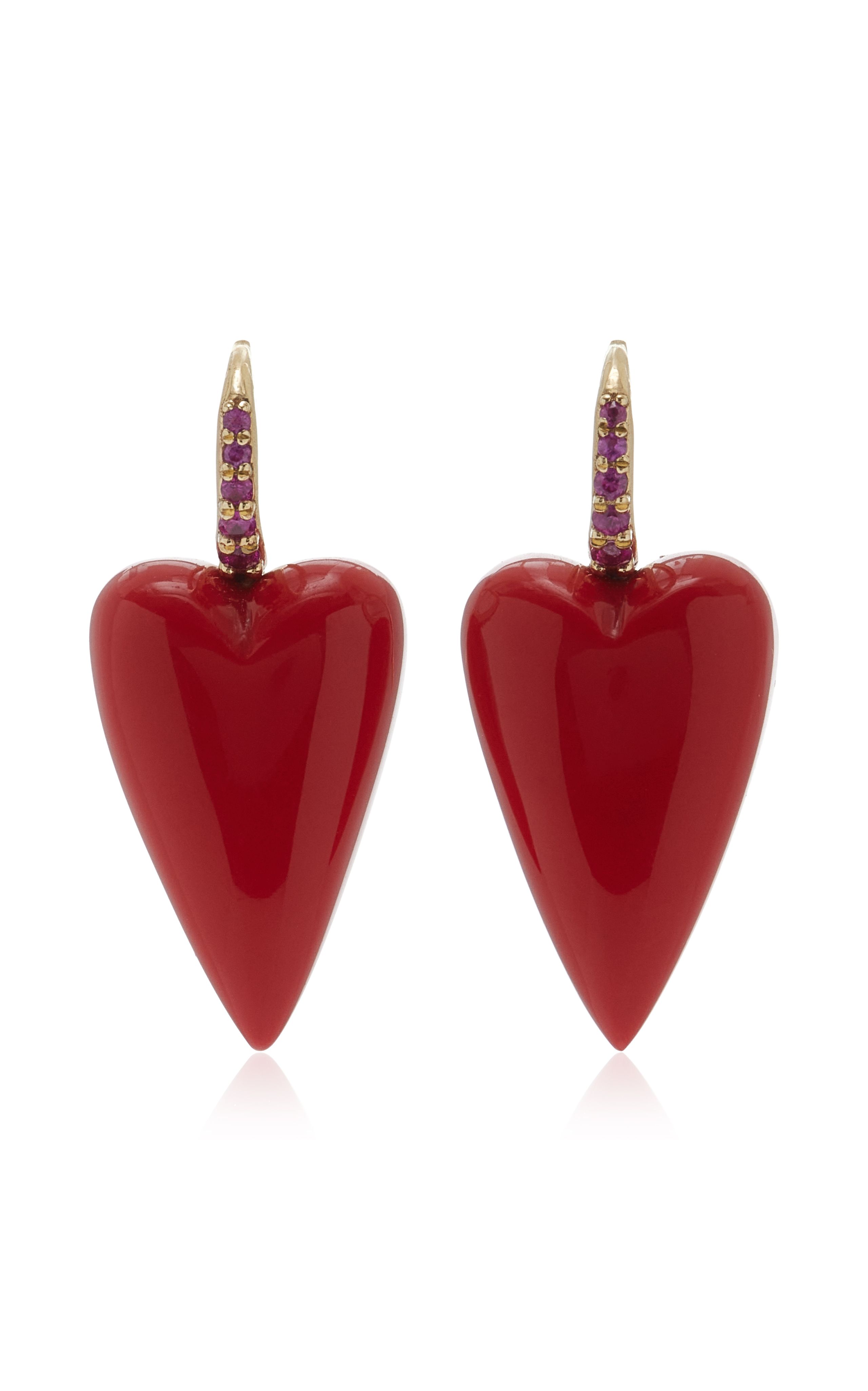14k Yellow Gold Sapphire and Coral Heart Drop Earrings | Moda Operandi (Global)