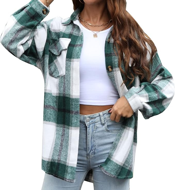 Women's Flannel Plaid Wool Blend Shirt Lapel Button Down Long Sleeve Loose Oversized Shirt Fall T... | Amazon (US)