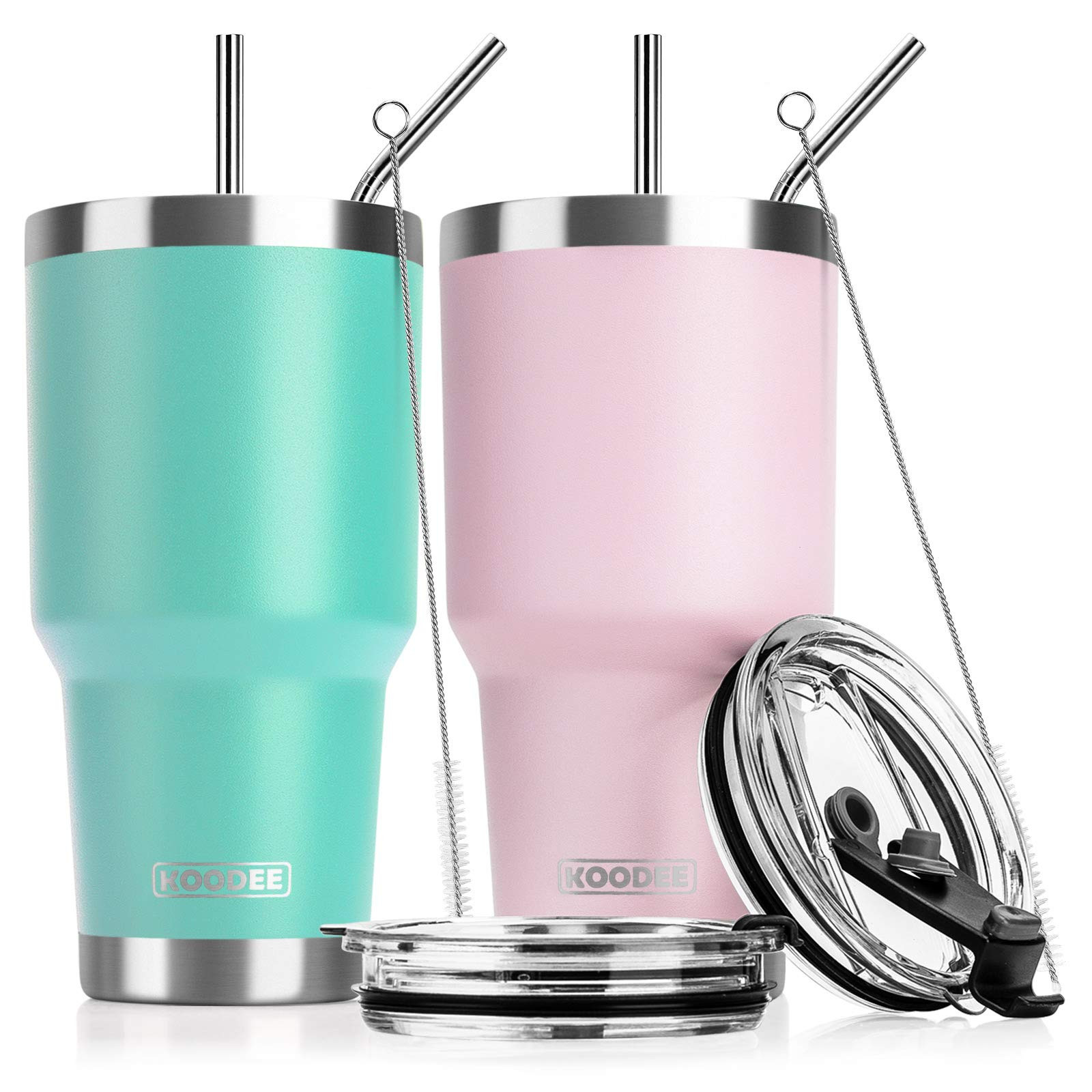 Koodee 2 Pack 30 oz Stainless Steel Tumbler Insulated Travel Coffee Mug with 4 Straws, 2 Straw Lids, | Amazon (US)