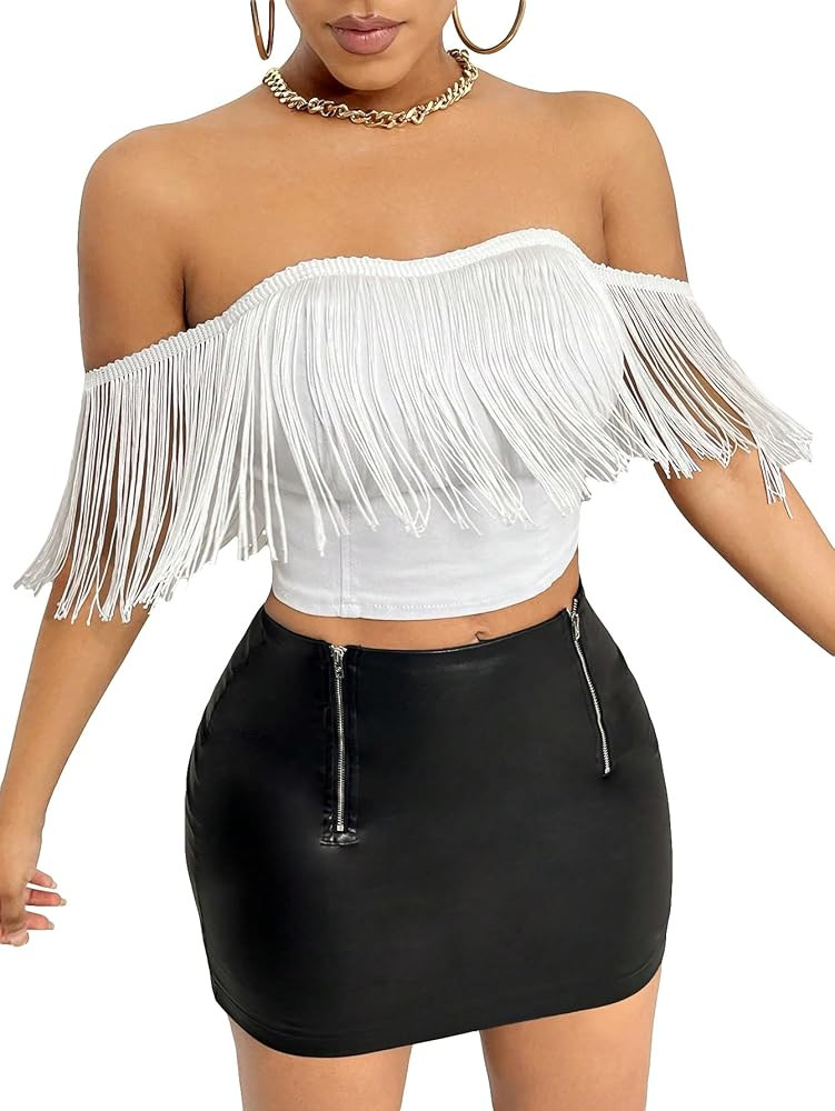 WDIRARA Women's Off Shoulder Fringe Trim Crop Tube Top Zip Back Sleeveless Denim Tops | Amazon (US)