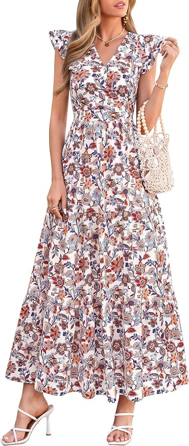 PRETTYGARDEN Women's Floral Maxi Dresses Summer Casual Wrap V Neck Ruffle Sleeve Flowy Long Beach... | Amazon (US)