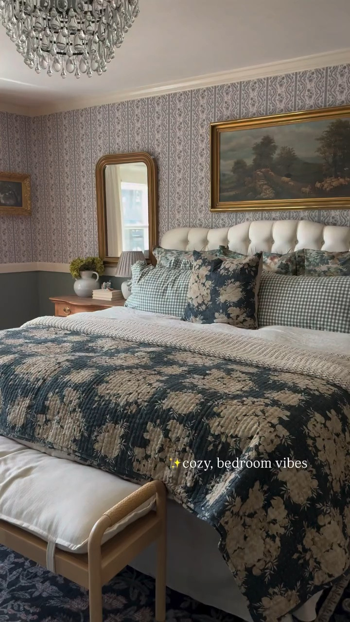 ✨✨happy Tuesday, IG friends. Wishing you all a great day ahead. Creating a cozy bedroom is all about the layers… linen duvet, reversible blue floral quilt, chunky knit throw blanket, peel and stick wallpaper, ruffled gingham sham, toile percale sham, arched gold mirror, soft floral cloud pile rug, linen bedskirt, linen triple pleat curtain panels, linen motorized Roman shade

#cottagestyle #cottagebedroom #bedroominspo #frenchcountrystyle #collectedhome

#LTKSaleAlert #LTKHome #LTKSeasonal