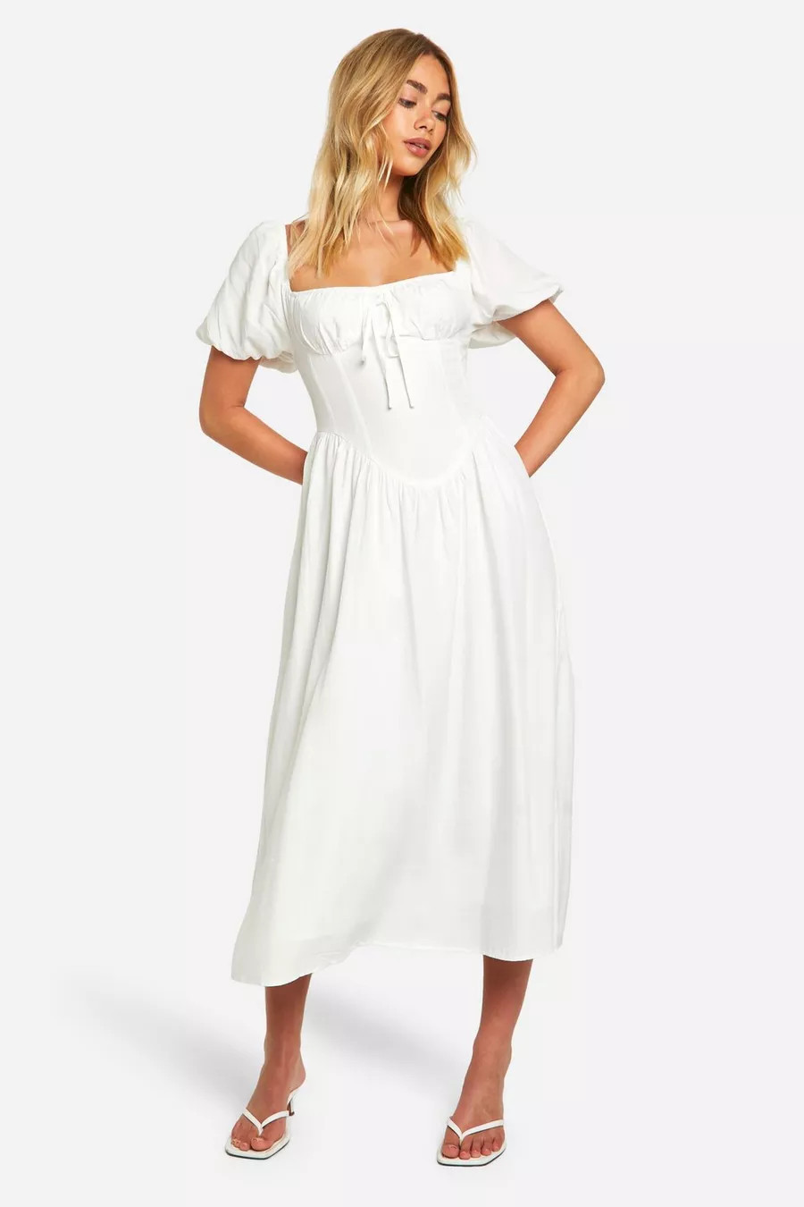 Milkmaid Puff Sleeve Midi Smock Dress | boohoo (US & Canada)