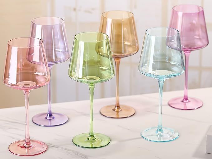 Physkoa Colored Wine Glasses Set of 6-16oz Multi Colored Square Wine Glasses with Tall Long Stems... | Amazon (US)