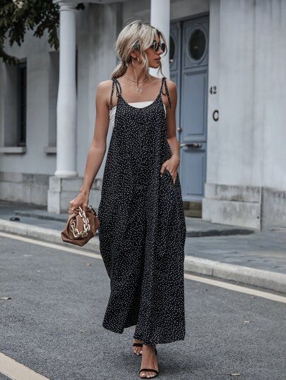 Polka Dot Slant Pockets Tie Shoulder Jumpsuit Without Tube Top | SHEIN