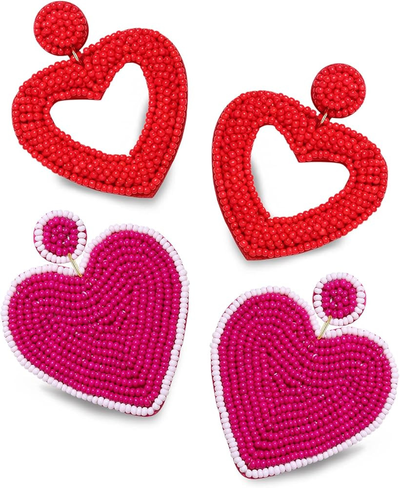 YAHPERN 2 Pairs Beaded Heart Earrings Valentine’s Day Earring for Women Handmade Love Heart Dro... | Amazon (US)