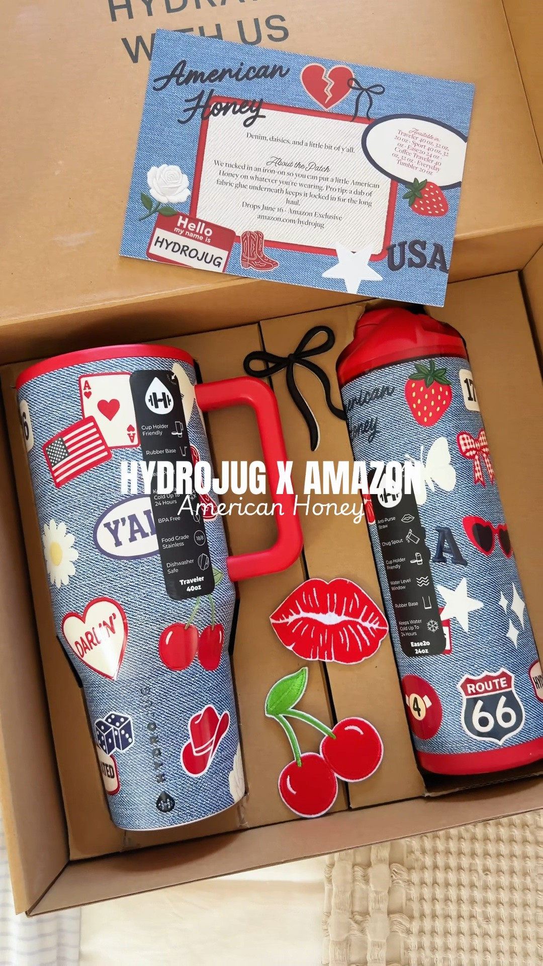 Hydrojug x Amazon limited edition collab - AMERICAN HONEY 🍒⭐️🇺🇸

Amazon exclusive HydroJug, patriotic tumbler, summer water bottle, Americana aesthetic, country concert essentials, cute iced coffee cup, limited edition drinkware. The American Honey collection combines everything we love about summer—denim, cherries, bows, and vintage Americana vibes—all on your favorite HydroJug styles

#LTKSeasonal #LTKHome #LTKActive