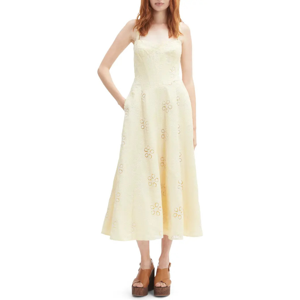Bardot Lilah Floral Eyelet Lace Corset Midi Sundress in Yellow Daisy at Nordstrom, Size 2 | Nordstrom