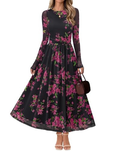 MEROKEETY Women's Long Sleeve Fall Wedding Guest Dress 2025 Crewneck Floral Flowy Mesh Cocktail Maxi Dresses, Black, Large | Amazon (US)