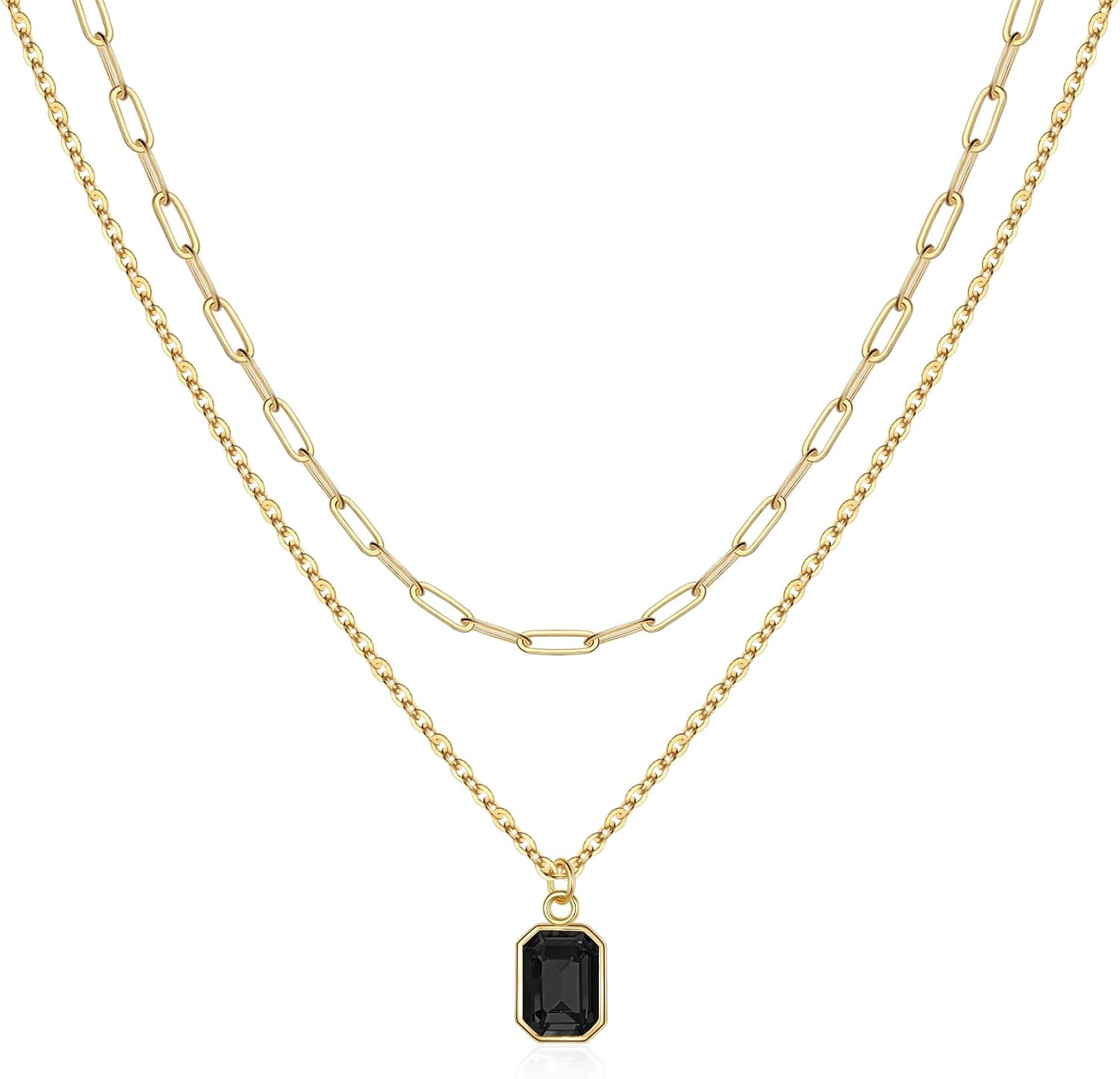 Layered Birthstone Necklace for Women Girls, 14K Gold-Plated Paperclip Chain Choker Necklace with Rectangle Birthstone Pendant Birthday Gifts for Women Girls Dainty Small | Amazon (US)