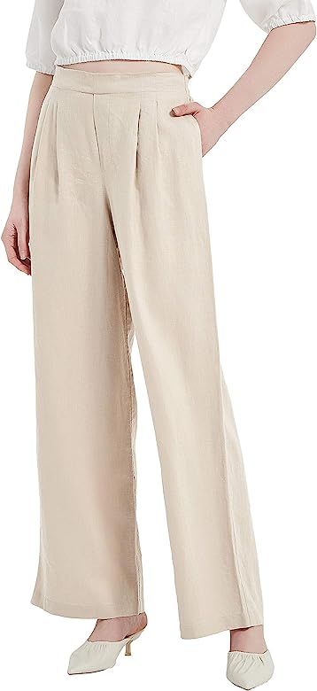 PACIBE Women's 100% Linen Casual Loose Elastic Wide Leg Pants Trousers with Pockets | Amazon (US)