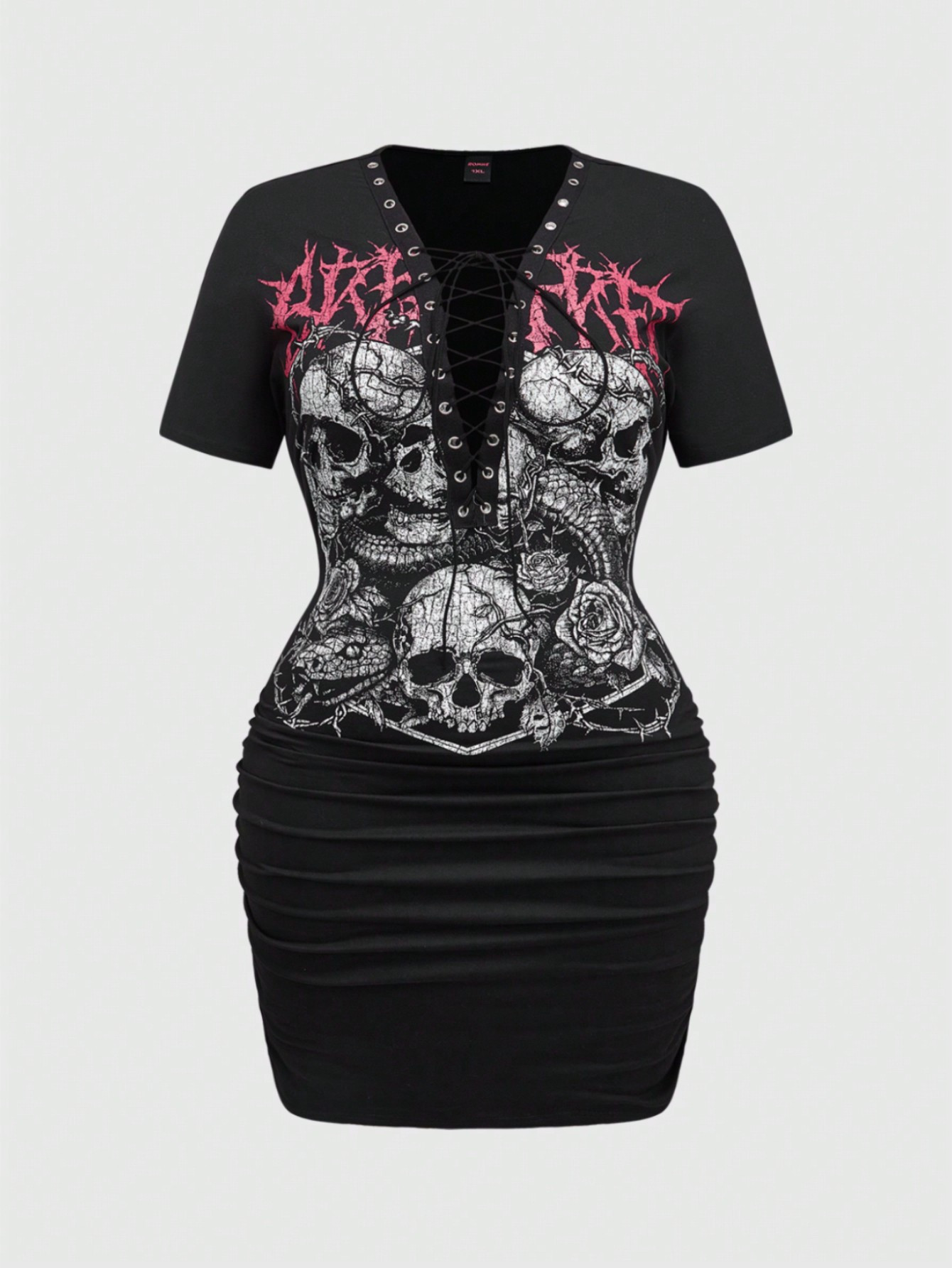 ROMWE Grunge Punk Plus Size Punk Skull Gothic Snake Print Metal Lace-Up Sexy Deep V Bodycon Ruche... | SHEIN