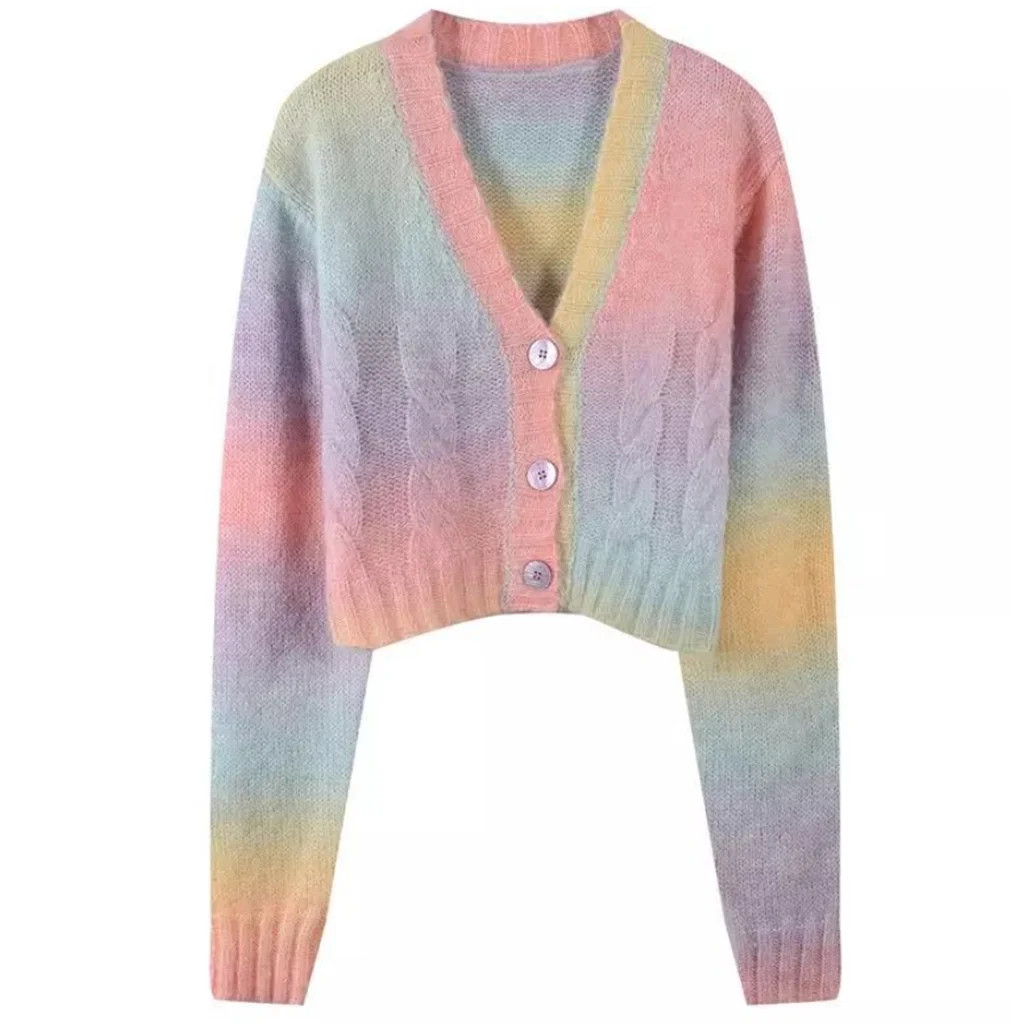 Women Autumn Rainbow Gradient Sweater Cardigan Long Sleeve V-Neck Button Down Knitwear Coat Haraj... | Walmart (US)