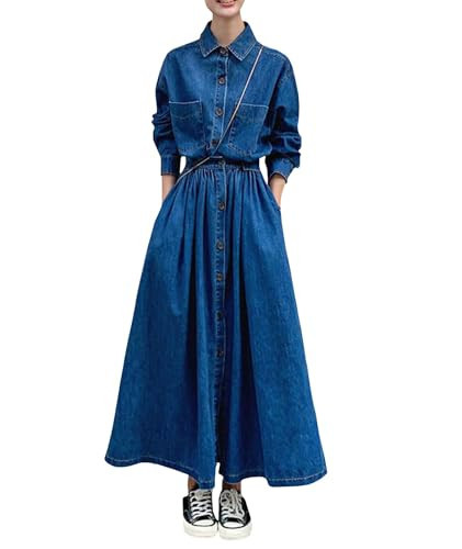 Sexyshine Women's Denim Dress Lapel Button Down Long Sleeve A Line Jeans Maxi Dress Plus Size Denim Shirt Dress with Pockets(31331BE,L) Blue | Amazon (US)