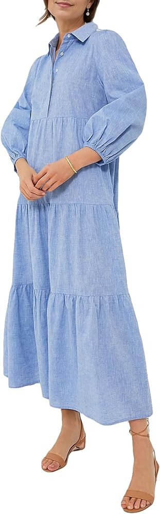 Women Flowy Maxi Dresses Casual V Neck Smocked Tiered Babydoll Sundress Beach Long Skirt with Poc... | Amazon (US)
