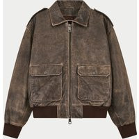 Distressed Leather Bomber Jacket - Brown | The Couture Club