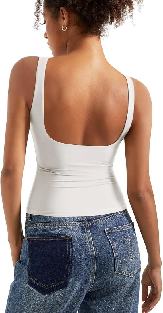 SUUKSESS Women Padded Open Back Boat Neck Tank Tops Double Lined Basic Shirts | Amazon (US)