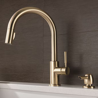 Delta Trask Gold Champagne Bronze Single Handle Deck-mount Pull-down Kitchen Faucet with Sprayer ... | Lowe's