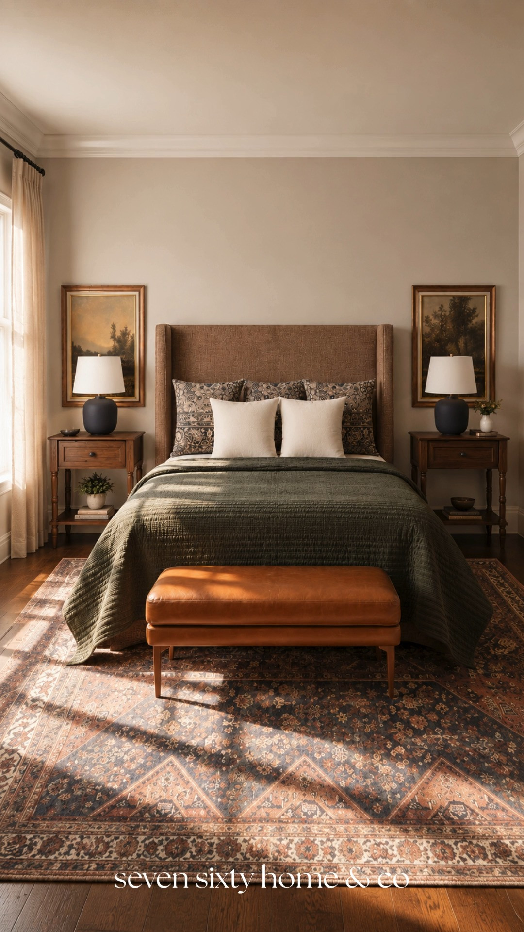 I love bedrooms that feel warm and restorative without feeling overly minimal, and this space has such a timeless layered atmosphere. The earthy olive bedding, warm leather bench, rich wood tones, and vintage-inspired rug create a room that feels both elevated and approachable.

organic modern bedroom, warm cozy bedroom, olive green bedding, earthy bedroom decor, designer inspired interiors, collected neutral home, warm layered textures, cozy elegant bedroom, vintage style rug, warm ambient interiors, modern organic home decor, layered bedroom styling, sophisticated neutral interiors, timeless bedroom inspiration, warm wood tones, elevated cozy home, earthy luxury aesthetic, cozy retreat inspiration, warm collected interiors, elegant primary bedroom 

 #LTKHome