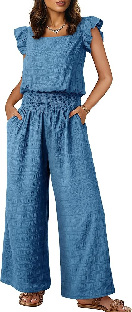 Dokotoo Women's Casual Loose Overalls Jumpsuits One Piece Short Sleeve Wide Leg Smocked Waisted L... | Amazon (US)
