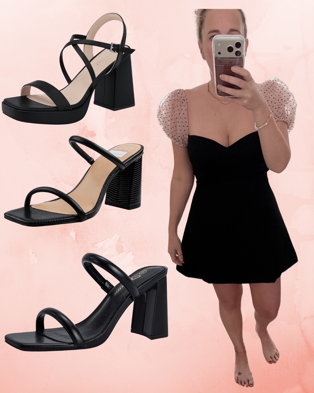Wedding guest look, but make it effortless 🖤
This little black dress is the definition of flattering—structured bodice, subtle sweetheart neckline, and the prettiest sheer puff sleeves with delicate polka dots. It cinches perfectly at the waist and flares out just enough for that feminine, twirl-worthy fit.

Paired it with classic black heels (sharing a few options because you cannot go wrong here 👏🏼):
– Minimal single strap for a clean, modern look
– Chunky platform heel if you want a little extra height + comfort
– Simple slip-on block heel for dancing all night

This is one of those outfits you can rewear for weddings, date nights, or events just by switching up your shoes and accessories. Timeless, chic, and so easy to style 🤍

#LTKootd #LTKWedding #LTKSeasonal