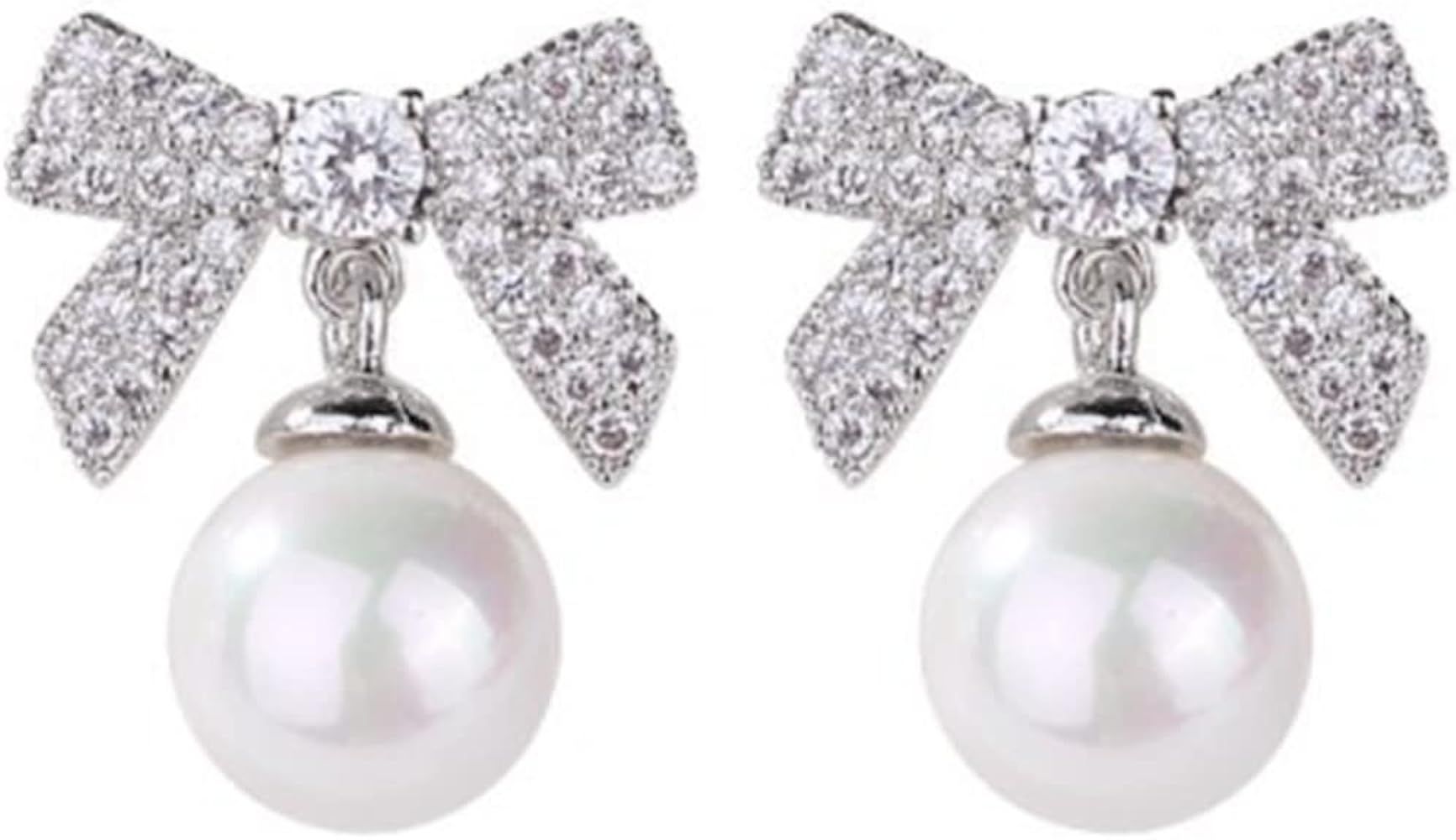 Platinum Plated Bow Tie Style Faux Pearl Statement Wedding Cocktail Party Dangle Drop Earrings | Amazon (US)