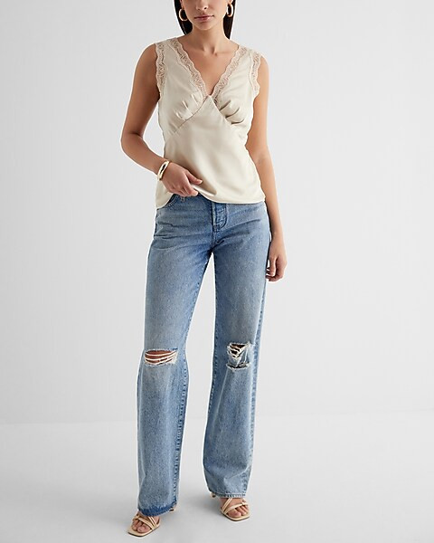 Satin V-Neck Pleated Lace Trim Tank | Express