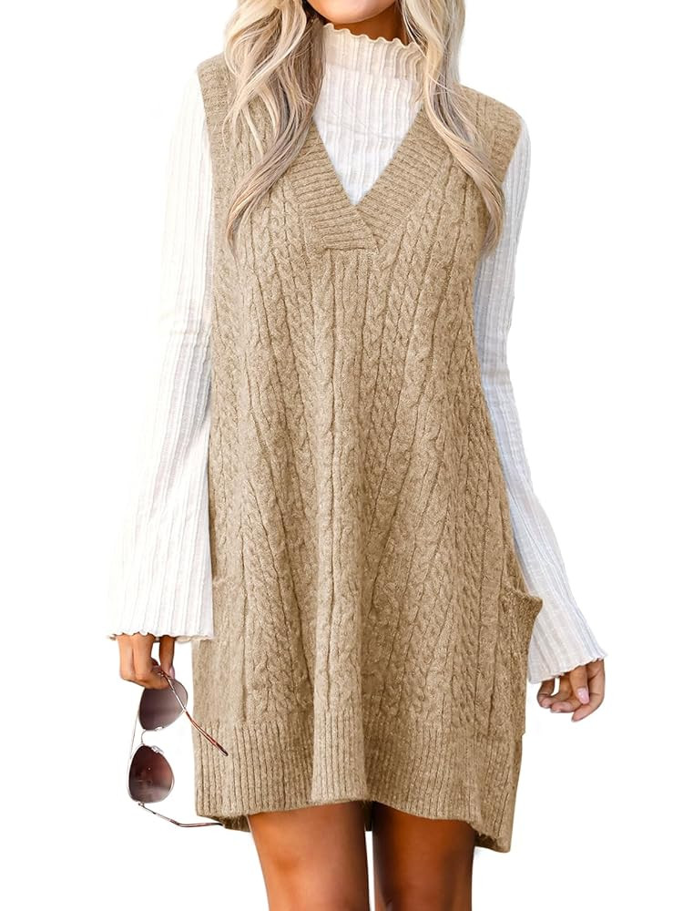 Cicy Bell Womens Oversized Sweater Vest Dress V Neck Sleeveless Fall Trendy Casual Knit Cable Min... | Amazon (US)